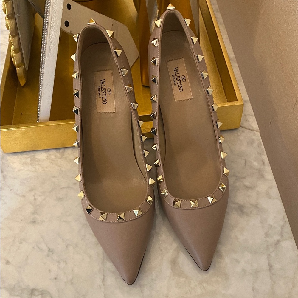 Valentino Garavani Taupe Pointed Toe Studded Pumps